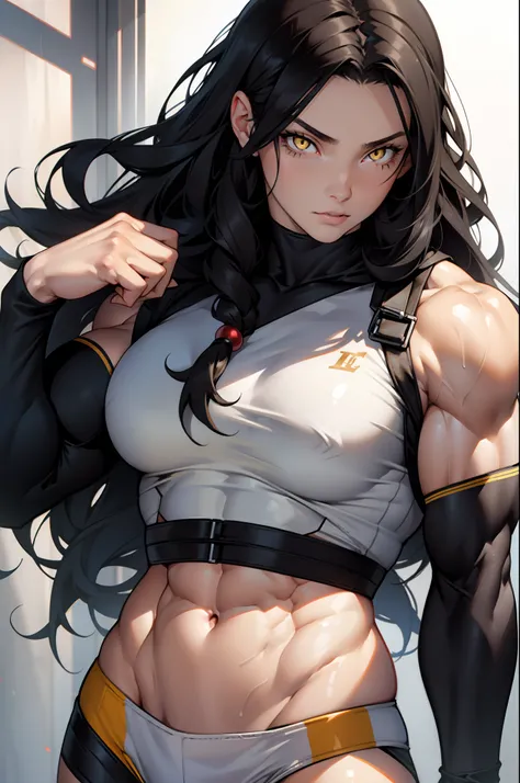 (((((1 girl))))), (solo), black hair, yellow eyes, very long hair, ((((((muscular)))))), tall, pale skin, (seductive expression)