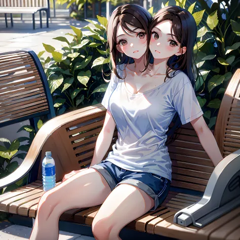 (masterpiece, best quality), best resolution, (2heads:1.5), 1girl, brown hair, brown eyes, mouth open, tired, breathing heavily, white shirt, blue short pants, sitting on a park bench, wiping sweat from forehead with one hand, water bottle on the bench, cl...