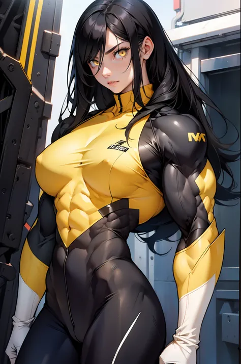 (((((1 girl))))), black hair, yellow eyes, very long hair, ((((((muscular)))))), tall, pale skin, bodysuit