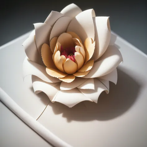 (macro shot:1.0) (macro shot of paper cut flower:1.3), front view, (white background:1.3), table top light, hires photo