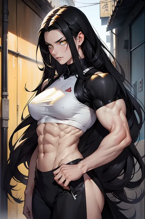 (((1 girl))), black hair, yellow eyes, very long hair, ((((muscular)))), tall, pale skin, ((seductive expression))