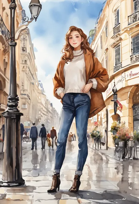 (8K、top-quality、​masterpiece:1.2)、 (realisitic、Photorealsitic:1.37)、 ultra-detailliert、DJ Soda、 1 girl in、full body Esbian、Wearing a turtleneck sweater and skinny jeans、Stand in the streets of Paris with the Arc de Triomphe in the background、 cute little、独...