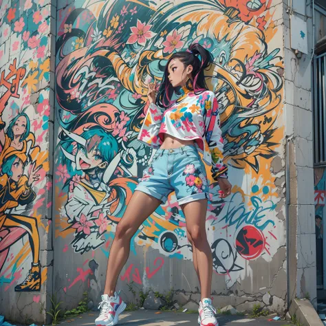 One girl shooting on the wall、(Super Detail)、(8K)、(SLR)、(modelshoot)、((Hip Hop Fashion))、(full body Esbian)、(Fashion of the 90s)、(Brilliant limbs)、(Delicately drawn figures)、、(Womens Fashion)、(Colorful and pop design)、(Around the back alley)、(Iconic art an...