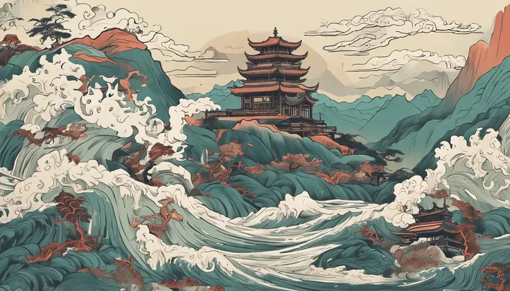 Mountain and Sea Lark Scroll，There are mountains and water in the picture，rios、grassy fields、Sun，Shirasawa、fenghuang、Green Dragon、Xuanwu and many other ancient divine beasts are haunted，Epic composition，shadowing，National style