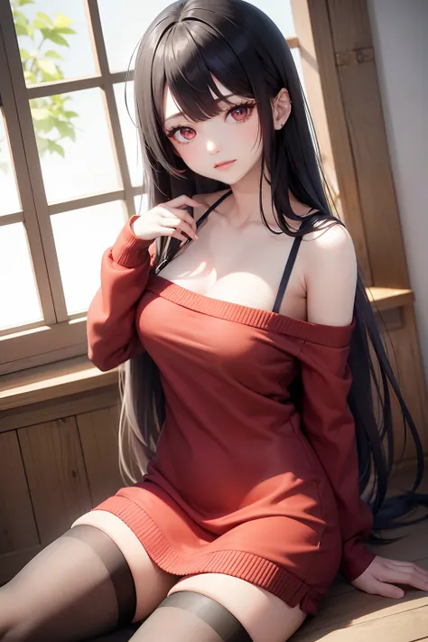 top-quality、​masterpiece、Yol Brier　A dark-haired、Longhaire、side locks、Pattsun bangs、Lots of bangs　sharp eye、big eye、Beautiful skin、beautiful countenance、Red Eyes　off shoulders、Red knitted dress、耳Nipple Ring、Long hair band、pantyhose　Adult Pose　Background wi...