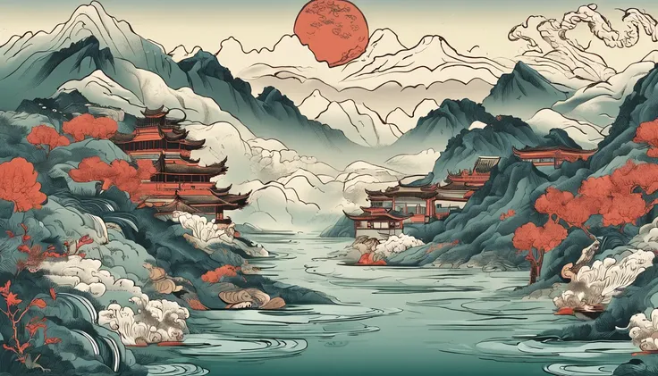 Mountain and Sea Lark Scroll，There are mountains and water in the picture，rios、grassy fields、Sun，Shirasawa、fenghuang、Green Dragon、Xuanwu and many other ancient divine beasts are haunted，Epic composition，shadowing，National style