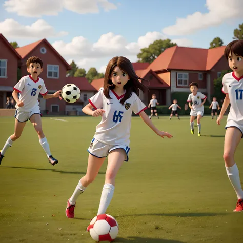 A young girl, Mia Hamm, dribbles the ball past a group of boys on her soccer team. The boys are surprised and impressed by her skills.