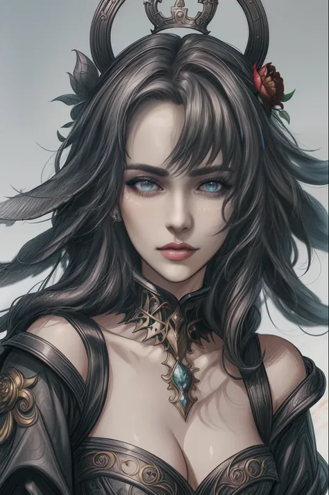 FaeVibes EmoPunkAniComiWearing a black dress，Arad woman wearing a red flower crown, detailed matte fantasy portrait, hyper-detailed fantasy character, cinematic goddess close shot, cgsociety 8 k, cgsociety 8k, cgsociety 8k, stunning cgsociety, cgsociety co...