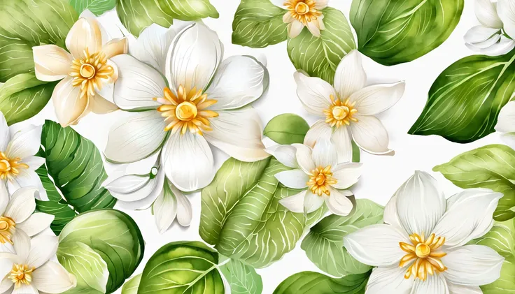 Draw a white flower，Green leaves and rings, background natural flower, made of flowers and leaves, paper quilling, background-image, Flower background, flowers in the background, Flower frame, Jasmine themed banner, iPhone background, botanical background,...