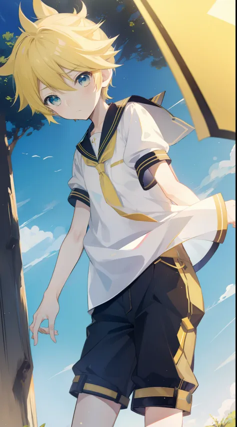 one boy, len_kagamine, blond hair, sailor uniform, short pants, cowboy shot, outdoor, embarrassed, look at you