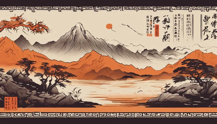 Mountain and Sea Lark Scroll，There are mountains and water in the picture，rios、grassy fields、Sun，Shirasawa、fenghuang、Green Dragon、Xuanwu and many other ancient divine beasts are haunted，Epic composition，shadowing，National style，orange tint