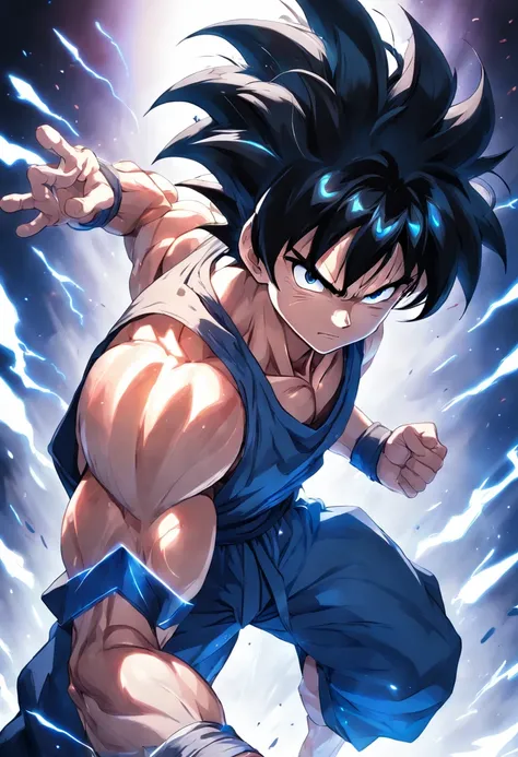 son goku, 1boy, backlighting, black eyes, black hair, blue wristband, closed mouth, dougi, hair strand, hands up, light particles, looking at viewer, male focus, muscular, muscular male, pectorals, smile, solo, spiked hair, upper body, wristband, ((masterp...