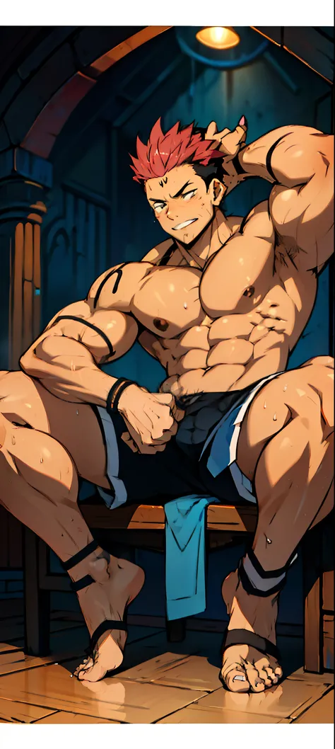 (photo corner from bottom up) (highest quality image) lion boy, royal, young, teen, wearing triangle shorts, anime image, sitting on the floor, legs spread  , cute baby face, cute young face, undercut hair, huge muscular chest muscles, big strong thighs, s...