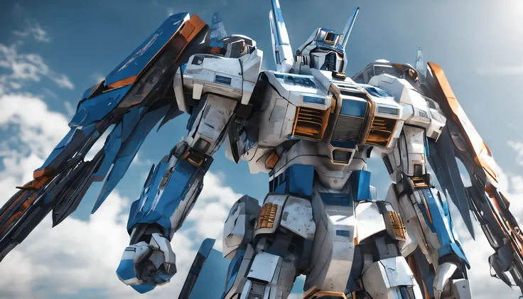 The picture shows white and blue Gundam, The style is very realistic, grandeur of scale, The details are complex, Reflective metallic texture, posing elegantly, rich details​, Cinema 4D textures, High detail，Tall and majestic，With the sky as a background