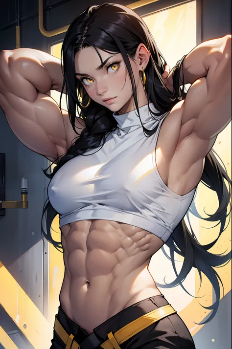 ((((1 girl)))), black hair, yellow eyes, very long hair, ((((muscular)))), tall, pale skin, navel, arms over head, armpits