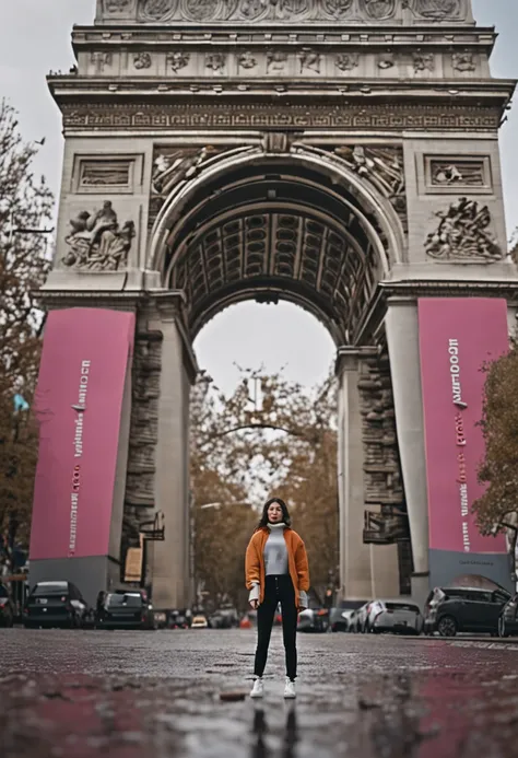 (8K、top-quality、​masterpiece:1.2)、 (realisitic、Photorealsitic:1.37)、 ultra-detailliert、DJ Soda、 1 girl in、full body Esbian、Wearing a turtleneck sweater and skinny jeans、Stand in the streets of Paris with the Arc de Triomphe in the background、 cute little、独...