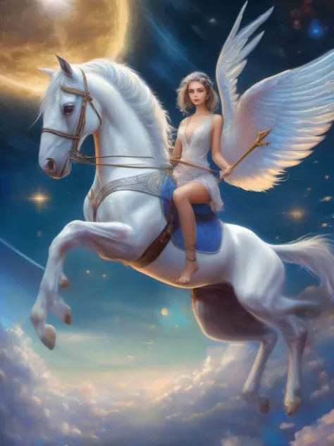 (Best Quality, Masterpiece: 1.1), (Realistic: 1.4), Beautiful girl on unicorn flying in the cosmos,god ray,teen,silver short hair,blue eyes,naked