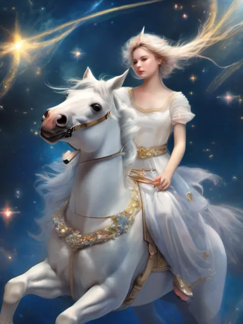 (Best Quality, Masterpiece: 1.1), (Realistic: 1.4), Beautiful girl on unicorn flying in the cosmos,god ray,teen,silver short hair,blue eyes