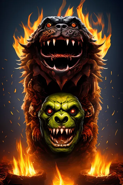 Monster with three dog heads, fire lighting, based on horror film and comic book, Post-apocalyptic world background, extremely high-resolution, rico em detalhes