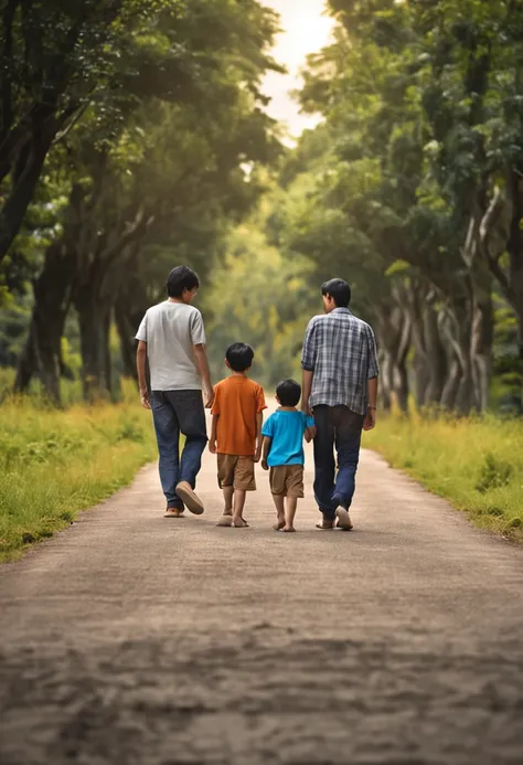 an asian family of four consists of four members: parents and two sons walking hand in hand on a long road leading to distant hills, few trees, high quality photos, real photos, super realistic , family near camera angle, taken with Canon EOS 5D, ((full bo...