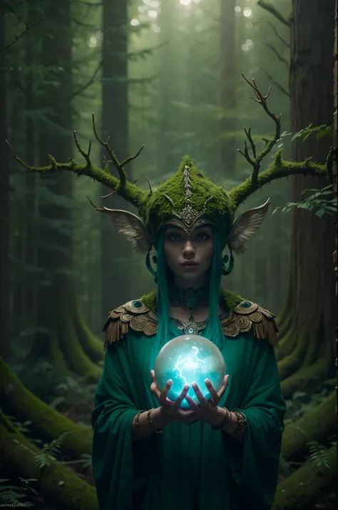 A surreal forest guardian, holding a glowing orb