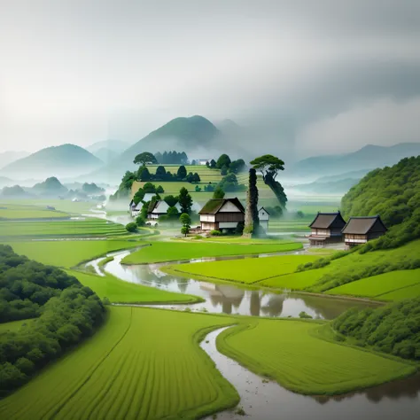 A green field，There is a river and houses in the middle, countryside in japan, rural japan, Japanese countryside, korean countryside, Beautiful image, japan rural travel, Japanese village, japan nature, peaceful landscape, Japanese Landscape, Landscape sce...