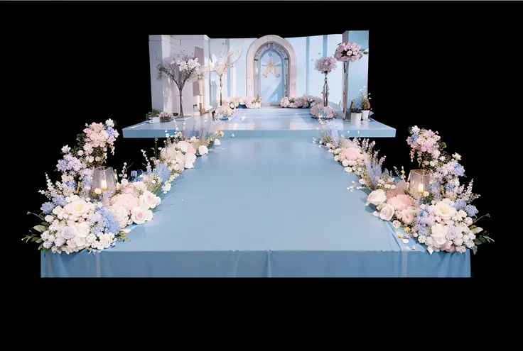 opulent ，Beautiful rendering，hyper HD，Hyper-realistic，，French wedding scene，CG rendering，lavishly decorated，enscape render，，Luxurious crystal ceiling，Wedding，opulent，high qulity，with details，Oil painting feeling，florals，Powder blue color scheme，No characte...