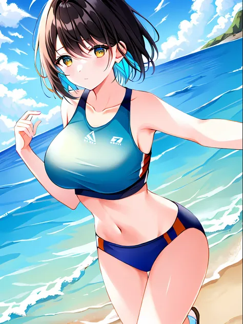 {{Beautiful girl running on deserted sandy beach in very revealing athletic clothes}}{Stylish body、large full breasts、Bare arms、Navel is visible、bare thigh、Bare neck、A dark-haired、Dark hair、Short hair、Shorthair、cyan eyes、Face that perseveres}{is standing、m...