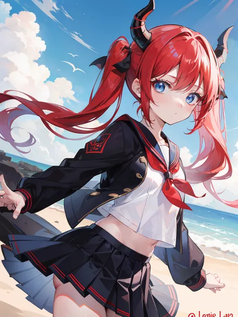 red hair, blue eyes, twintails, Sailor suit,black coat, Dragon horns,Pleated skirt,solo,loli,cute,bow