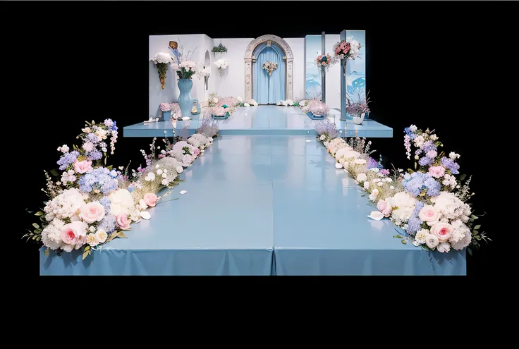 opulent ，Beautiful rendering，hyper HD，Hyper-realistic，，French wedding scene，CG rendering，lavishly decorated，enscape render，，Luxurious crystal ceiling，Wedding，opulent，high qulity，with details，Oil painting feeling，florals，Powder blue color scheme，No characte...