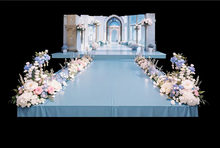 opulent ，Beautiful rendering，hyper HD，Hyper-realistic，，French wedding scene，CG rendering，lavishly decorated，enscape render，，Luxurious crystal ceiling，Wedding，opulent，high qulity，with details，Oil painting feeling，florals，Powder blue color scheme，No characte...