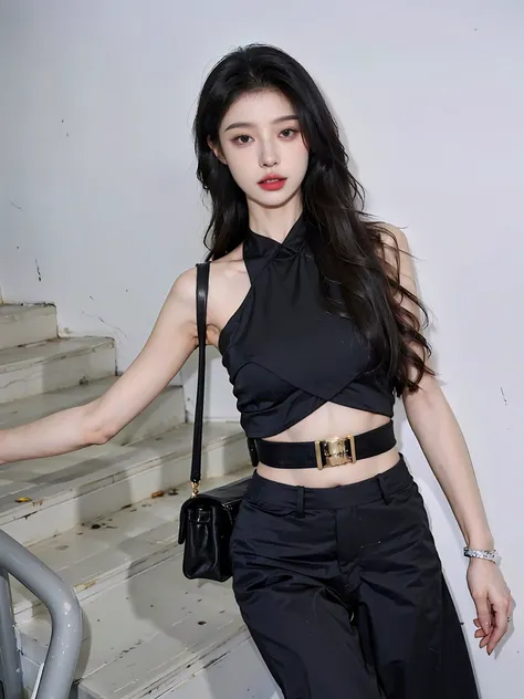 An Araki woman in a black dress stands on a staircase box, Thin waist, wearing sexy cropped top, big breasts thin waist, Slender waist, Slim waist, skinny waist and thick hips, Her navel was exposed, shaxi, bae suzy, Open V chest clothes, wearing a cropped...