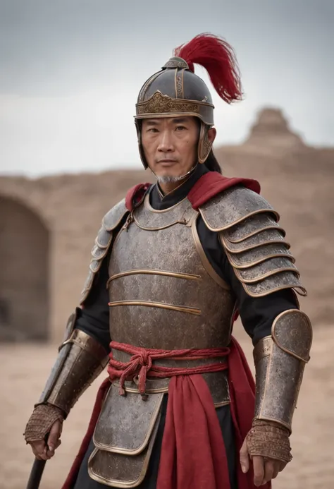 Ancient Chinese general，black undersuit，Wearing soft armor，The back is a red cloak, Wear a helmet on your head，standing full-body，Full body photo，Press the sword in front of your hands