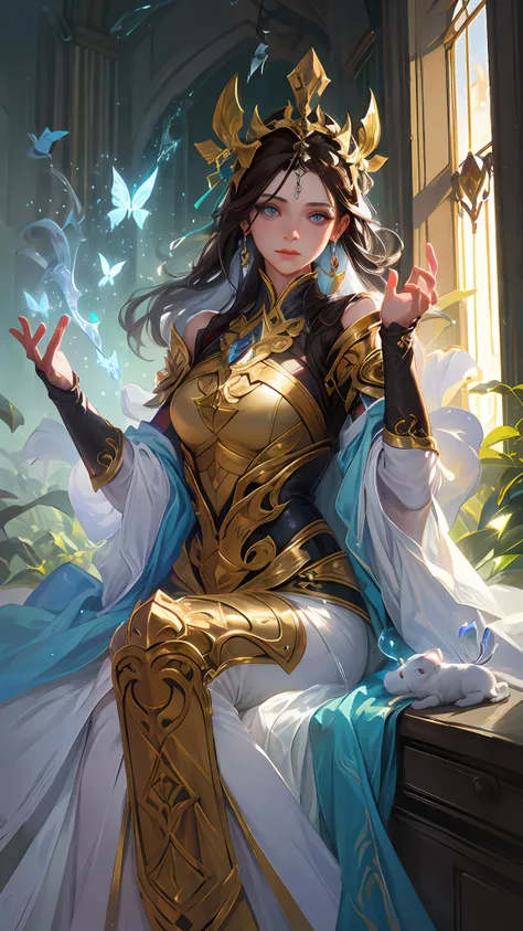 full body,8k portrait of beautiful cyborg with brown hair, Intricate, elegant, Highly detailed, Majestic, Digital photography, art by artgerm and ruan jia and greg rutkowski surreal painting gold butterfly filigree, Broken glass, (Masterpiece, side-lightin...