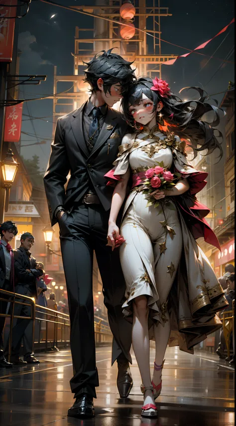 Romantic Tanabata，Bustling metropolis，peaceful night，The stars shine，Modern couples walking hand in hand，Red rose，neon streetlights，Boys and girls clasp their fingers，Natural light，plethora of colors，Rich in elements，Facial features are super detailed，Ultr...