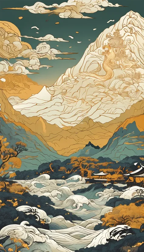 Mountain and Sea Skylark Scroll，There are mountains and waters in the picture，rios、grassy fields、Sun，Shirasawa、Many ancient sacred beasts such as the Chinese zodiac are haunted，Epic composition，shadowing，National style，Light yellow tone，Gold elements