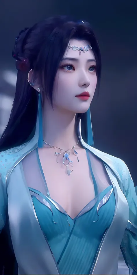 a close up of a woman with a blue dress and a necklace, inspired by Li Mei-shu, full body xianxia, xianxia, ((a beautiful fantasy empress)), a beautiful fantasy empress, xianxia fantasy, inspired by Qiu Ying, inspired by Lan Ying, yun ling, beautiful chara...