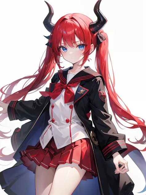 red hair, blue eyes, twintails, Sailor suit,black coat, Dragon horns,Pleated skirt,solo,loli,cute,bow