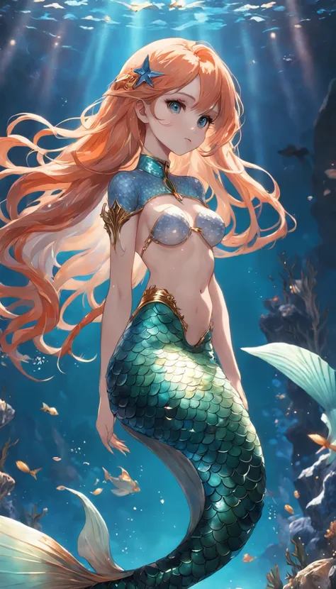 1 mermaid（slender fish tail、Full body standing painting）、独奏，Metal waist chain，Shell decoration，high detal，cinematic colorgrade，超高分辨率，Sharp focus，tmasterpiece，hdr，8K，（The is very detailed的 CG unified 8k 壁纸）