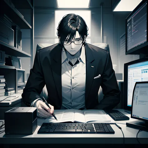 programmer，Computer，decadent，His face turned pale，agony，male people，With black-framed glasses，solo person，the night