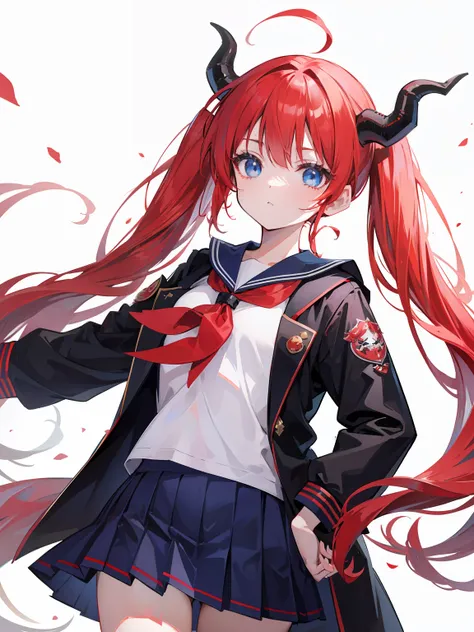 red hair, blue eyes, twintails, Sailor suit,black coat, Dragon horns,Pleated skirt,solo,loli,cute,bow