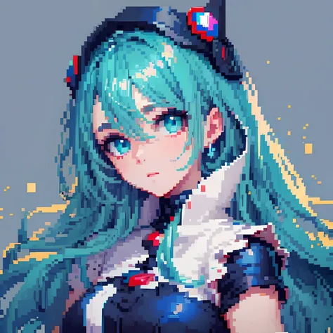 ((The style of pixel art)), pix, 4-bit pixel art, 1girll, Close-up, Face only, Dark blue hair, Light hair on the inside, Cyan eyes, aqua eyes, Light particles, Big hair, Wavy hair, Very long hair, Pixel official art, absurd res, view the viewer, solofocus,...