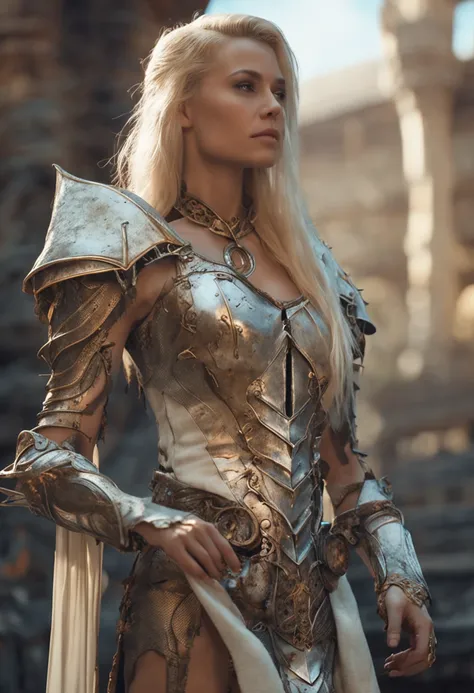 beautiful slender young long-haired with bangs blonde woman in tattered white fantasy armor with exposed chest, castle interior, UHD, elven fantasy, micro details, soft light, photorealistic, proportional, hyper details