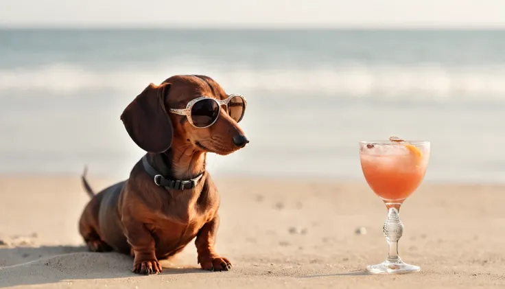 Dachshund with sunglasses drinking cocktail, on the beach, photo