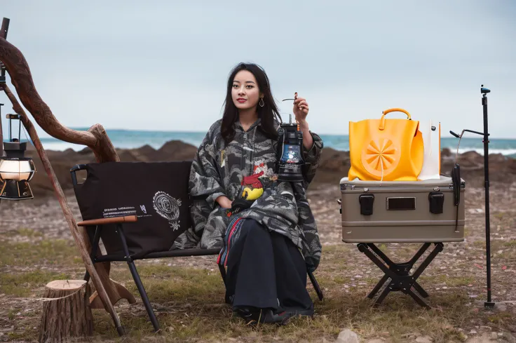 there is a woman that is sitting down on a bench，Side face to face the camera and smile，Hold the camera and bag, portrait shooting, 🦩🪐🐞👩🏻🦳, taken with canon eos 5 d mark iv, national geographic photoshoot, product introduction photos, Photo portrait, Shot ...