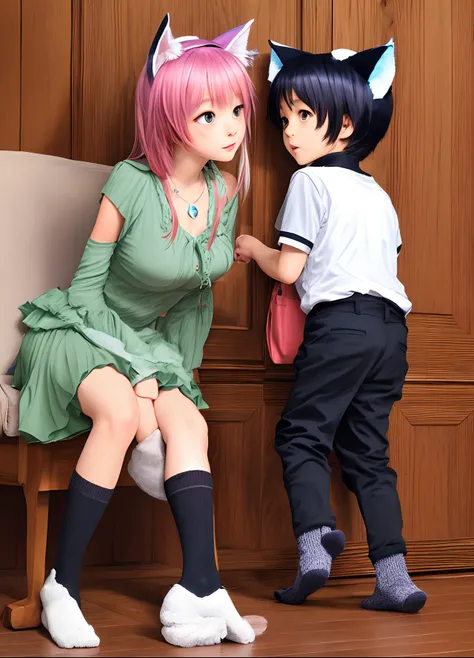 Shota with cat ears in stepping socks is played with by big breasts big sister