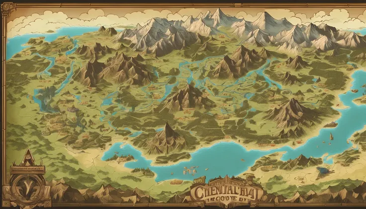 The continent is divided into 5，game map, Hyrule, Ancient Fantasy Regional Map, Highly detailed map,Detailed Map, Height Map，world map、Isekai Map、Map of the Kingdom、Otherworldly Adventure、mountains and rivers、K HD、meticulous、Ground View、Spread up，Pixel art