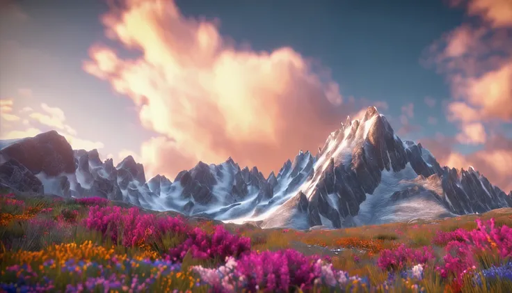 Vast grasslands, Colorful flowers, Clear lake, Quantity, sky, big clouds, blue-sky, hot weather, HD detail, Hyper Detail, Cinematics, hyperrealism, Soft light, deep field focus bokeh, The distant landscape is snow-capped mountains, --v6