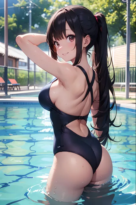 (8K, Raw photography, top-quality, ​masterpiece:1.2), 1girl in, 3 d,A dark-haired、The long-haired、poneyTail、posterior view、Backless Swimming School Swimwear、Asian,  school poolside、A smile、