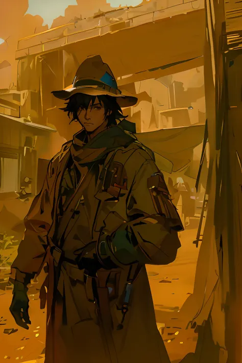 there is a man in a hat and trench coat standing in a dirt area, craig mullins style, artwork in the style of guweiz, postapocalyptic explorer, disco elysium character, guweiz, by Yang J, inspired by Yoshihiko Wada, krenz cushart and wenjun lin, illustrati...